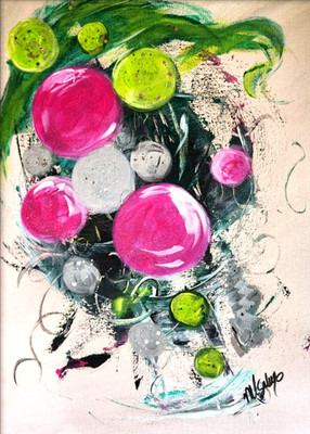 Modern Abstract Orb Painting Pink Green Contemporary Wall Art 12x16
