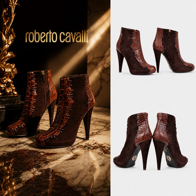 Roberto Cavalli brown alligator and suede ankle boots. Size 39