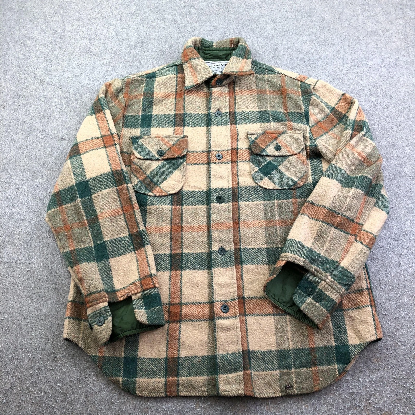 Vintage Oshman's Jacket Mens Large Beige Plaid Wool Quilted Lined Warm Outdoor