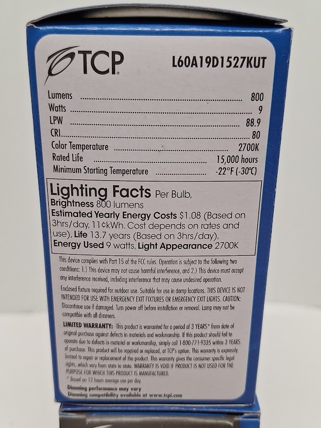 5X TCP LED 60W Dimmable Light Bulb 9W 2700K Brightness 800 Lumens 120V
