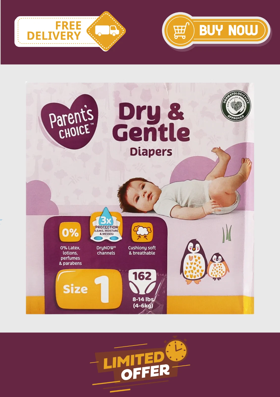 Parent’s Choice Dry & Gentle Diapers Size 1 (8-14 lb) - 162 Count