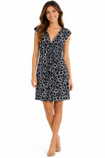 NWT Chaps Black Geometric Print Dress Sz S V-neck Cap Sleeve Knotted Front 85