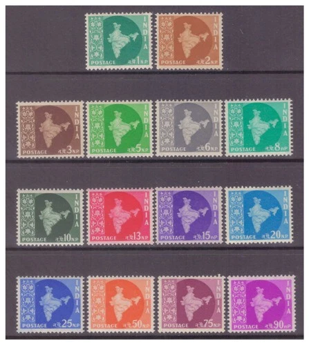 India 1957 New Currency Map of India (watermark star) set UM/MNH SG375-385a