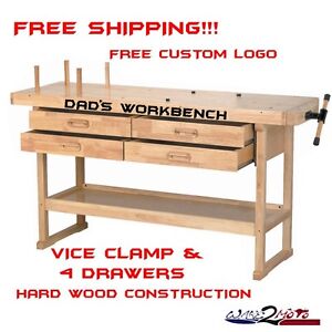 Hardwood Garage Workbench Work Table Clamp Vice Storage 