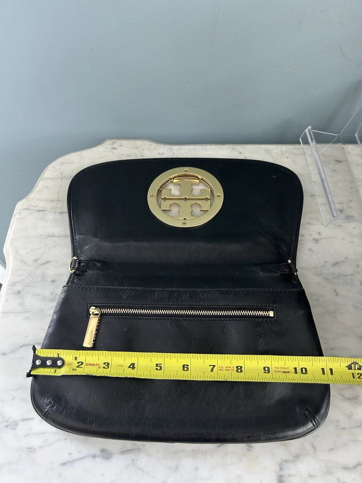 Borsa Tory Burch Reva in pelle nera staccabile catena oro tracolla pochette