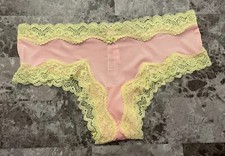 NWT VICTORIA'S SECRET TEASE PINK SATIN SMOOTH YELLOW LACE BOW CHEEKY PANTIES