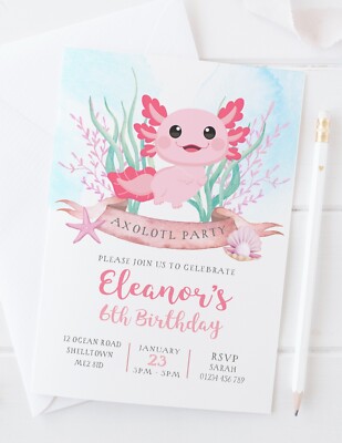 GEBURTSTAG PARTY EINLADUNGEN - 10ER PACK - AXOLOTL ROSA SÜSSE MÄDCHEN - 10ER PACK