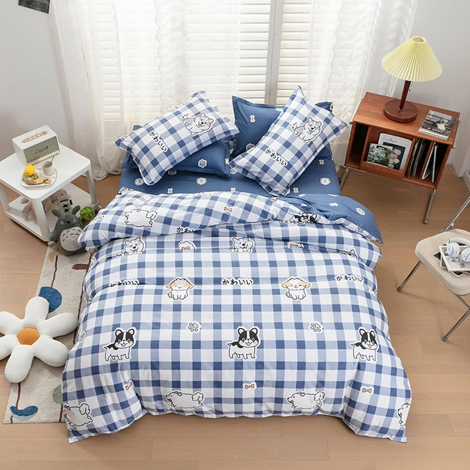 Duvet Cover Set Twin Size Cute Plaid/Puppy Pattern Bedding Set Comforter Cover (-image