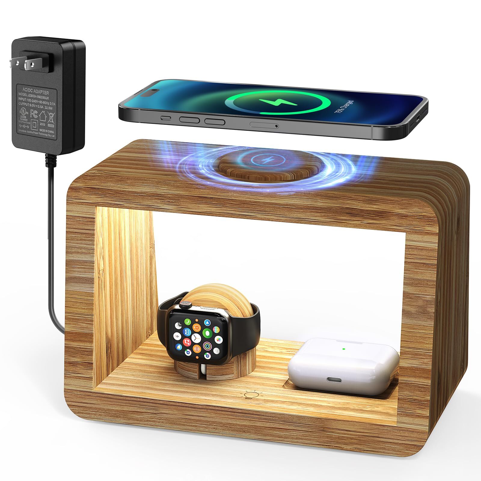 Bamboo 3-in-1 Wireless Charger with Night Lights for Phone Watch Earbuds