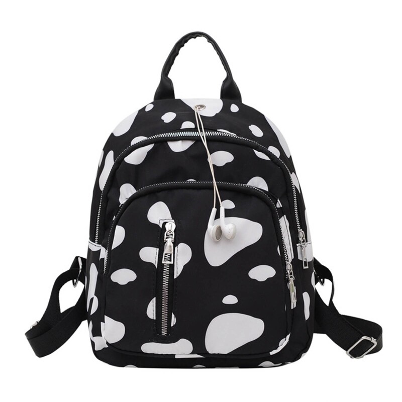Kawaii Cow Print Mini Backpack for Teens Girls Nylon Rucksack