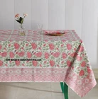 Floral Block Print Cotton Tablecloth Rectangle 60x90 White Pink With 6 Napkins