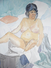 J. Boreham (1932-2020) Watercolour of a voluptuous woman bathing in a tin bath