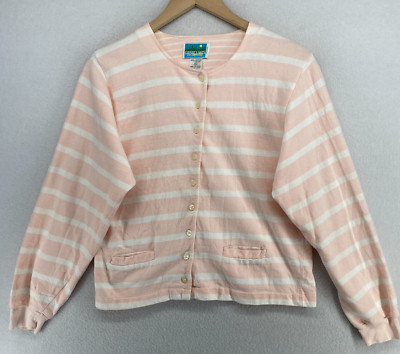 GREAT LAKES COUNTRY Cardigan Women S Striped Jersey Button Front Cotton Pink Vtg