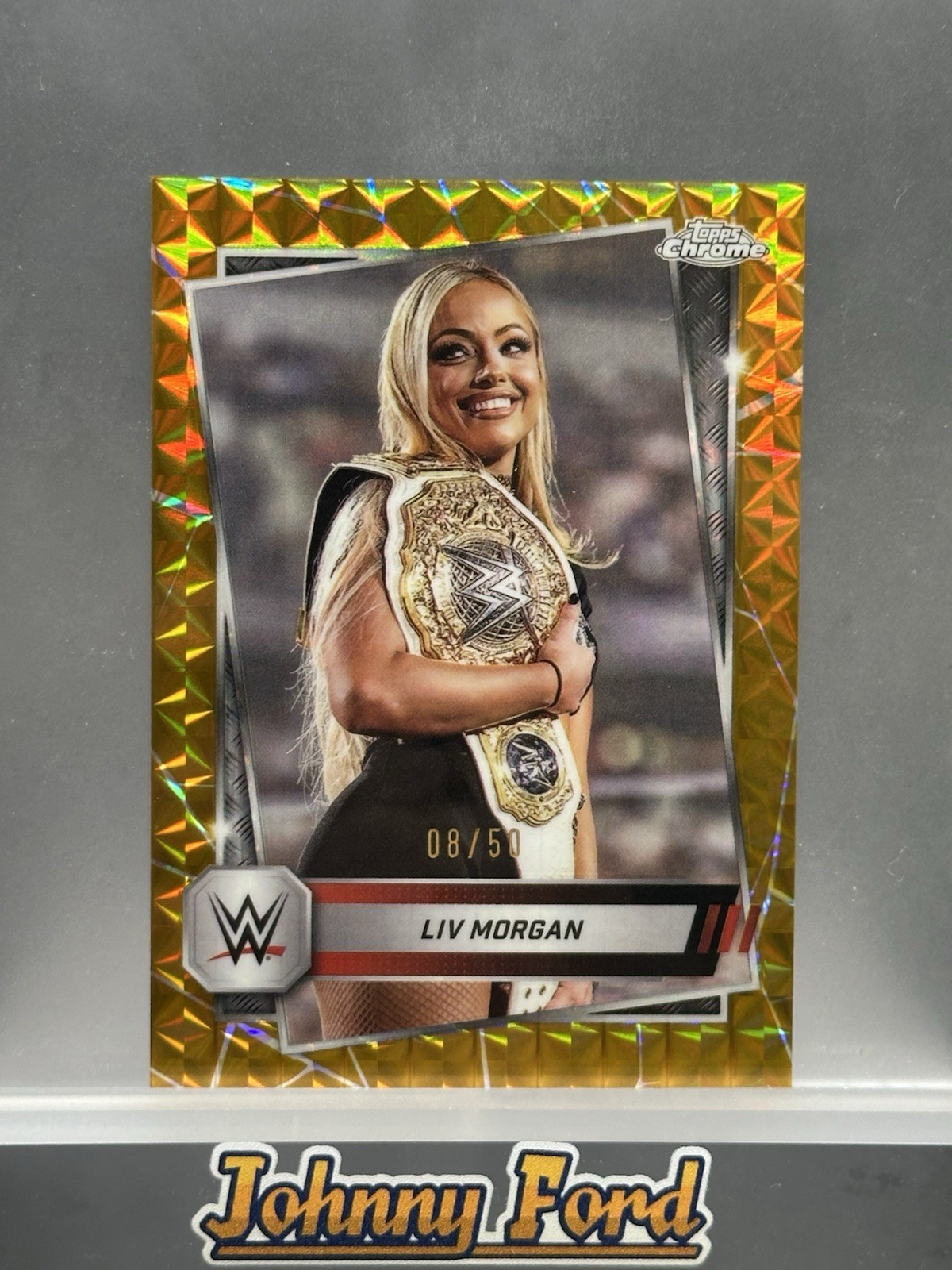 2025 Topps Chrome WWE #146 Liv Morgan Gold Geometric Refractor 8/50