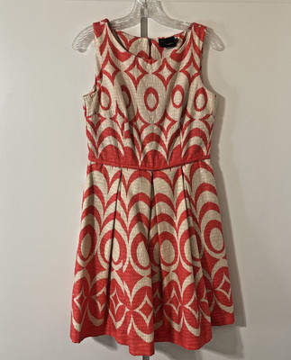 JUST TAYLOR Women's 6 Sleeveless Fit Flair DRESS Jacquard Fabric ORANGE Ivory