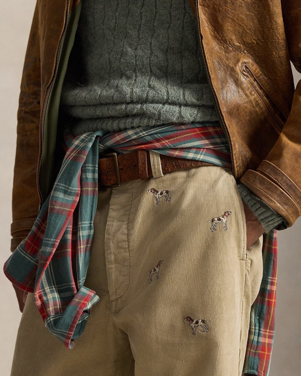 POLO 犬刺繍 ベージュ コーデュロイ ワイドパンツ リメイク品 Polo Ralph Lauren Tan Big Chino Embroider Hound Dog Spaniel