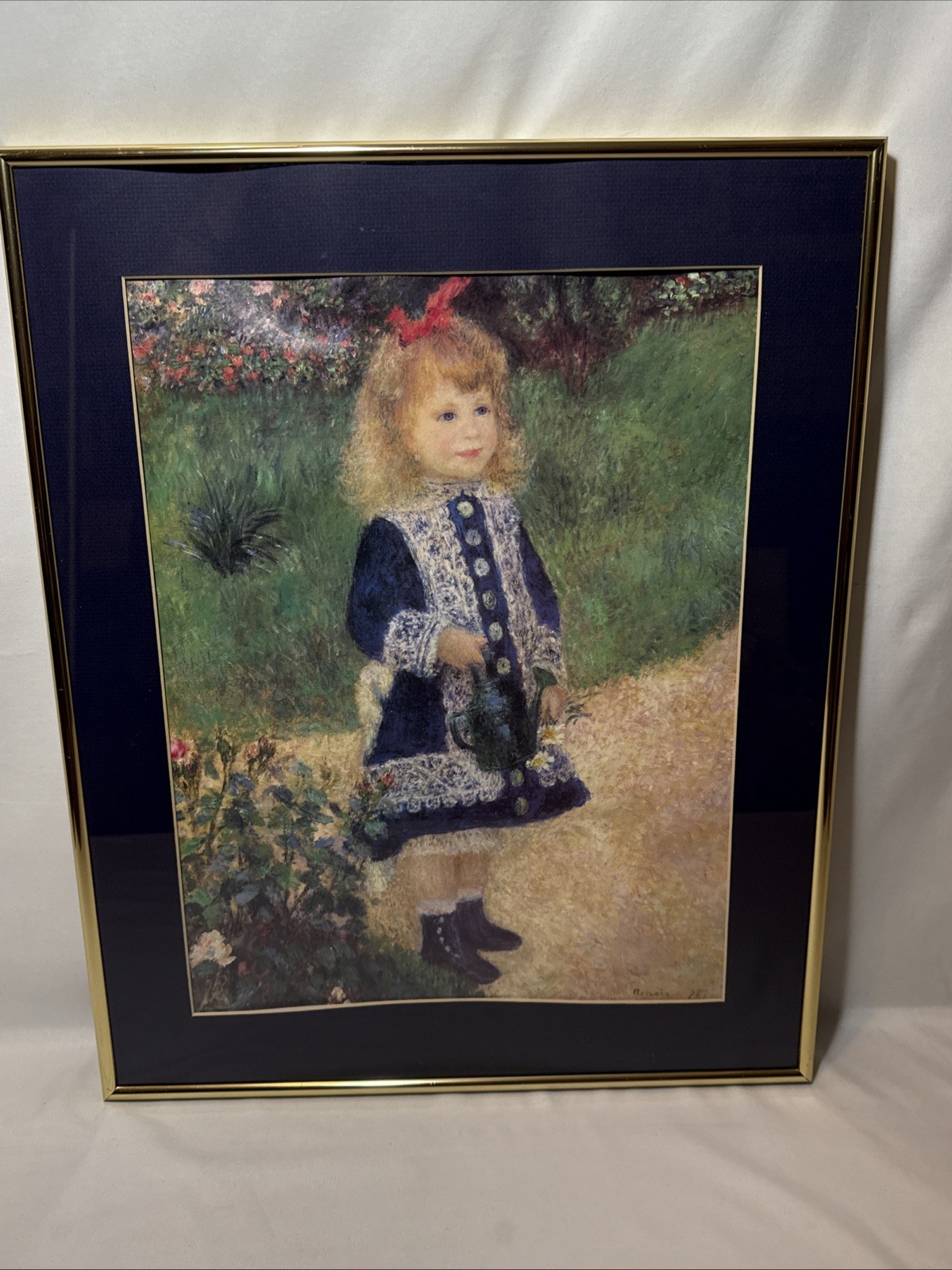 Vintage Gold Framed Girl with a Watering Can by Pierre Auguste Renoir