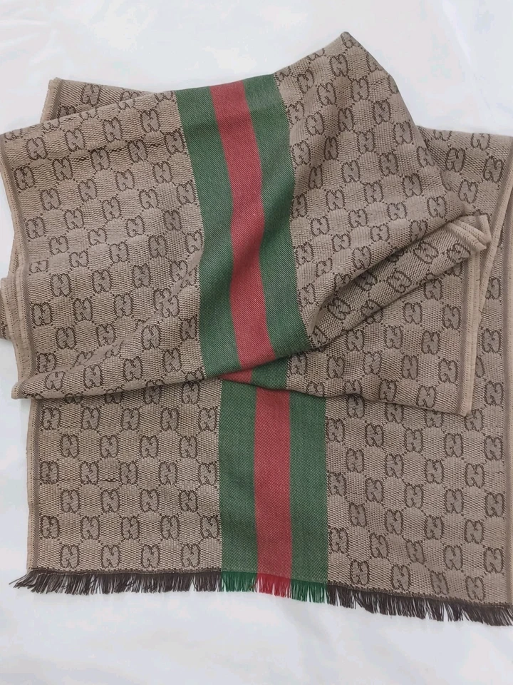 Gucci Scarf Unisex Wool And Silk Brown Green Red Stripe Made in Italy Authentic  Foto 2 de 4