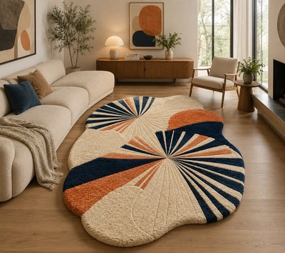Modern Sunburst Wave Hand Tufted Wool Area Rug Irregular 7x10 Living Room Carpet
