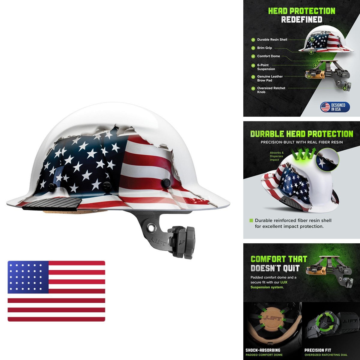 Lift Dax Fiber Resin Full Brim Safety Helmet/Hard Hat, American Flag