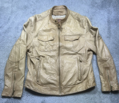 Wilsons Leather Jacket Mens L Tan Cafe Racer Moto Bomber Biker Zip Cuffs *SPOTS
