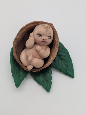 OOAK Polymer Clay Baby Ping Lau 2009 Signed Walnut Shell Miniature DollHouse