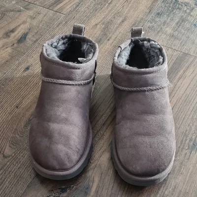 UGG Ultra Mini Grey Suede Lined Ankle Boots Slip On Women’s UK 5
