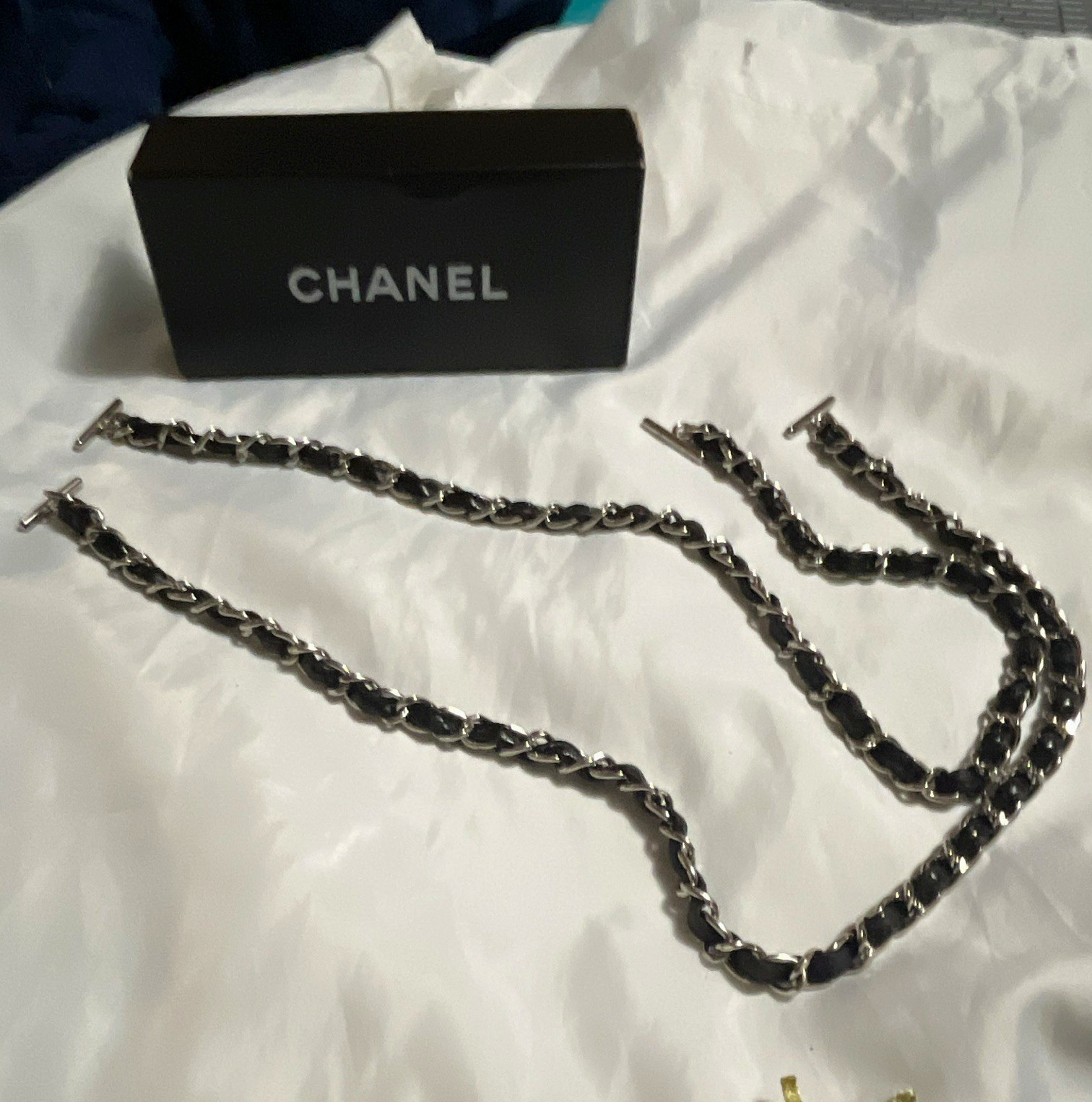 CHANEL Silver Tone Black Cable Chain Necklace, Silver Plated, Box Closure