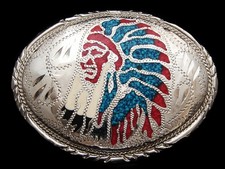 NC07152 VINTAGE 1970s  INDIAN CHIEF  SOUTHWESTERN DESIGN INLAID BELT BUCKLE