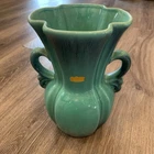 Haeger Art Pottery Teal Double Handled Vase Urn 9”  Vintage Mid Century
