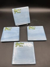 Pottery Barn Frog Tiles Coasters Trivet Blue Glazed 4 in Square Lot of 4