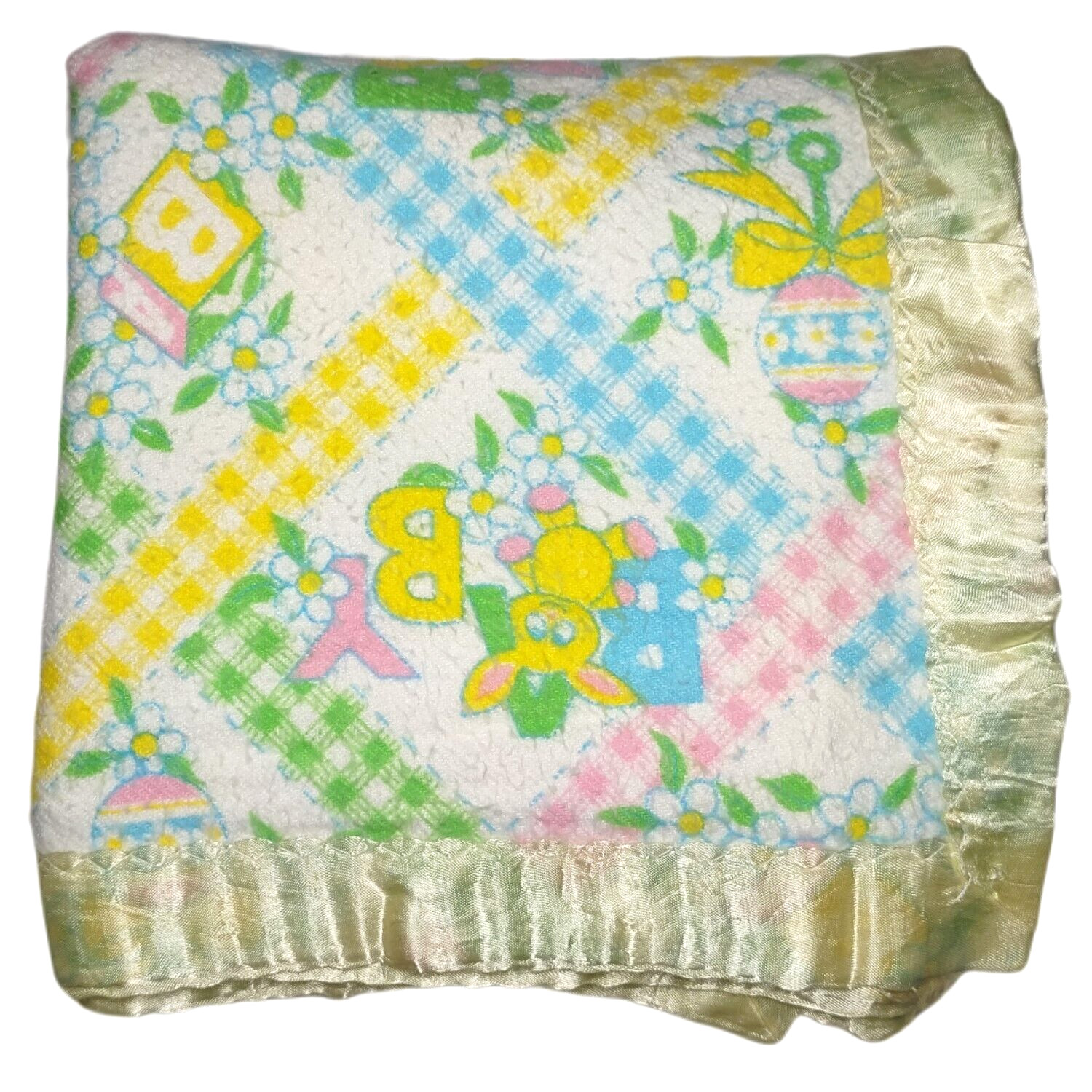 Mount Vernon Mills Vtg Baby Blanket Yellow Nylon Blue Pink Green Bear Bunny Toys