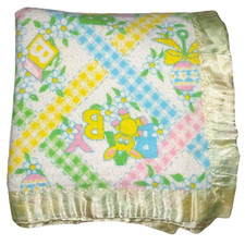 Mount Vernon Mills Vtg Baby Blanket Yellow Nylon Blue Pink Green Bear Bunny Toys
