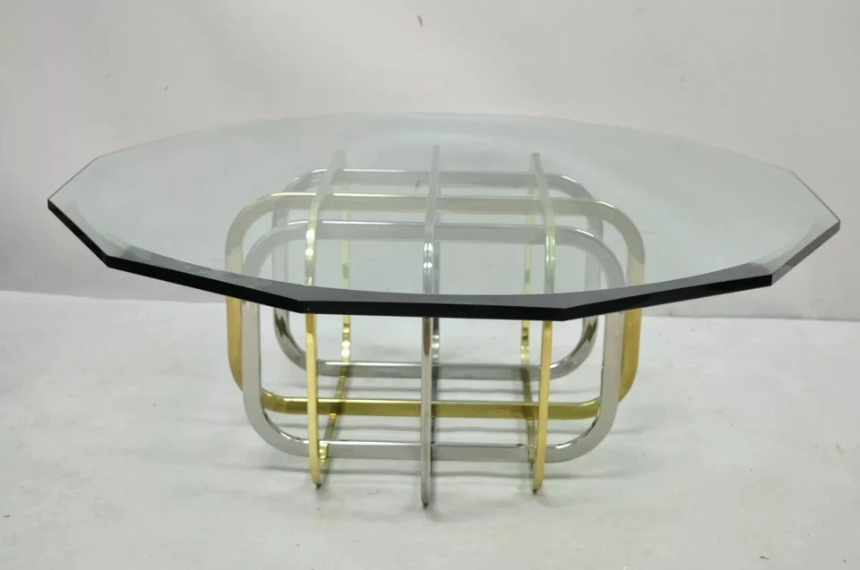Mid Century Modern Pierre Cardin Style Brass & Chrome Glass Top Coffee Table - Image 3 of 4