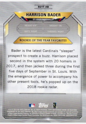 2018 Bowman Chrome Harrison Bader ROY Favorites Refractor RC #ROYF-HB Yankees - Picture 2 of 2