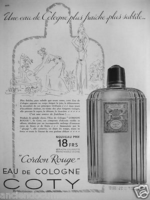 PRESSEWERBUNG 1934 COTY CORDON ROUGE EAU DE COLOGNE FLASCHE STILIGOUTTE