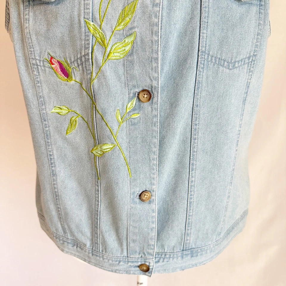 Vintage The Quaker Factory Floral Embroidered Rhinestone Blue Denim Vest Medium - Image 3 of 4