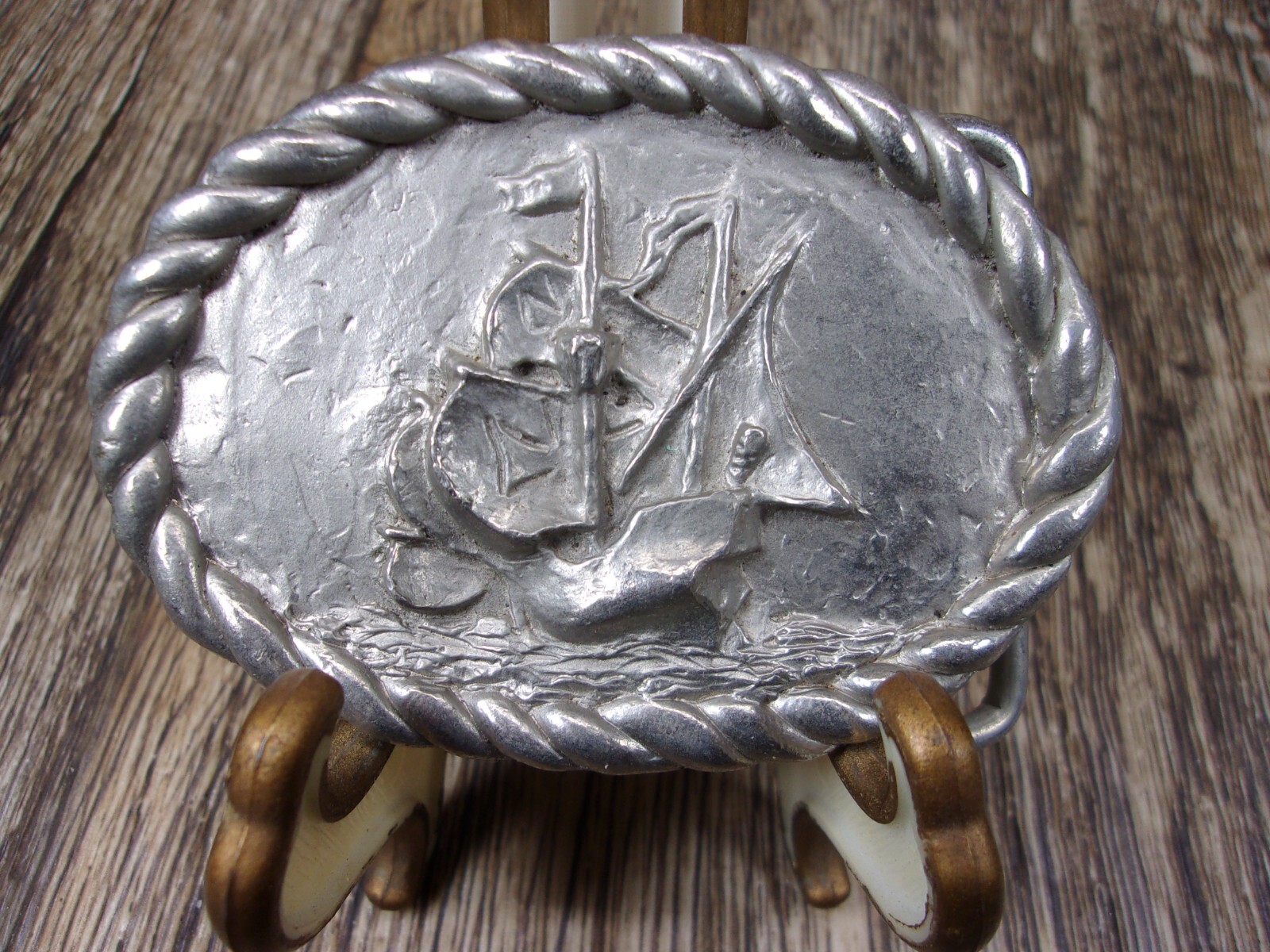 Vintage SILVER TONE SAILING SHIP ROPE SCROLL BELT BUCKLE NAUTICAL USA