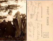 RPPC Edwardian Woman Outdoors Tree Stump Real Postcard