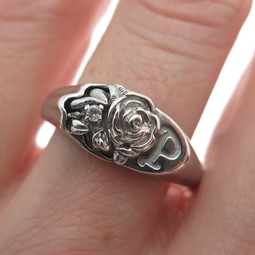 Andenken 925 Sterlingsilber echter Diamant Buchstabe "P" Initiale Rose Ringgröße 8,5