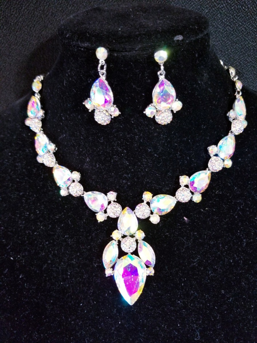 AB Iridescent Crystal Choker Rhinestone Necklace Earring Set Bridal Prom  Pageant
