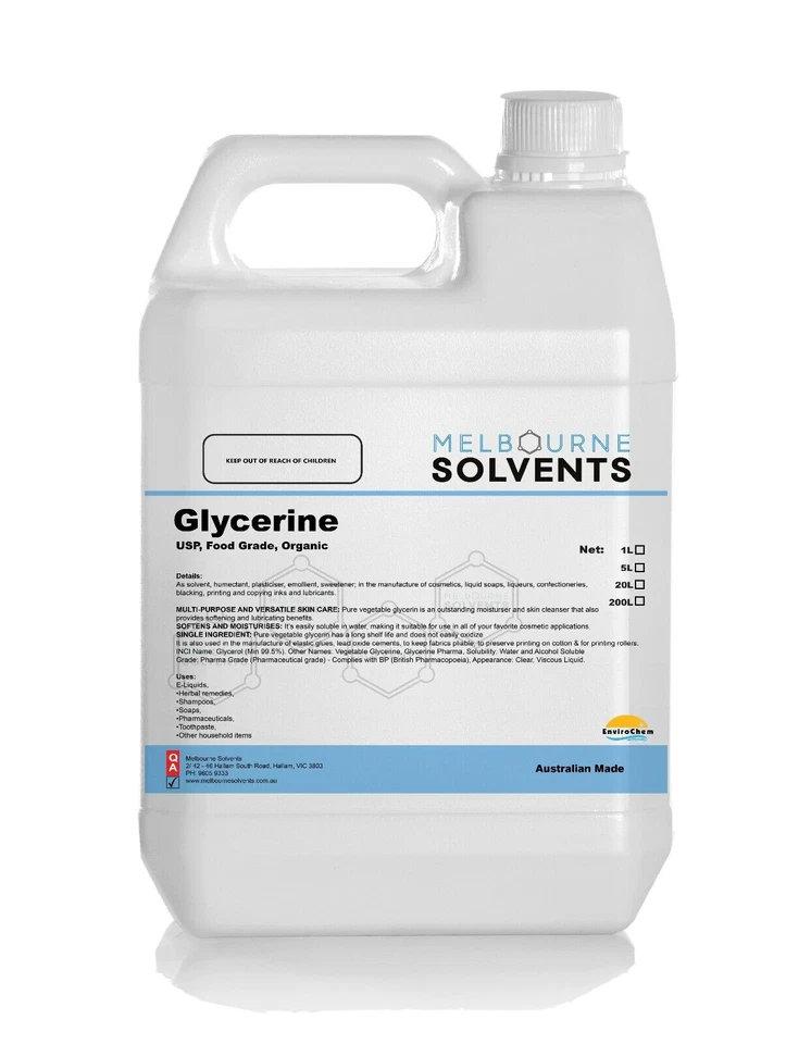 ORGANIC GLYCERINE, 5L (6.3kg) VG 100% Pure Vegetable,USP, (Food / BP Grade)