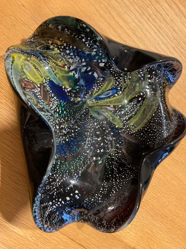 VTG Triangular Murano Style Colorful Speckled Glass Dish/Ashtray Black Bottom