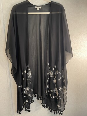 Est. 1946 Black & White Kimono Cover Up Shawl Floral Embroidered Y2K Beach Boho