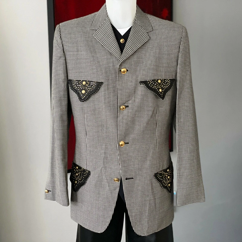 GIANNI VERSACE blazer checkered wool leather & studded 4 button from S/S 1993 - Image 4 of 4