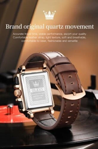 OLEVS Watches for Men Quartz Chronograph Leather Watch Luminous Casual Square