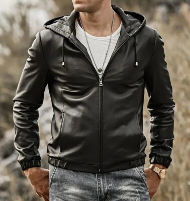 Herren Echt Lamm Lederjacke mit Kapuze Leder Slim Fit Jacke Leder Hoodie