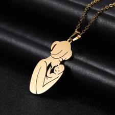 Gold Mother and Baby Women Heart Stainless Steel Necklace
