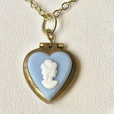 Vintage Gold Blue Cameo Heart Locket Necklace Dainty Small 18" Plated