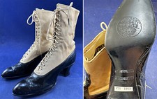 Edwardian Empress Shoe Unworn Ivory Bengaline Black Patent Leather High Top Boot